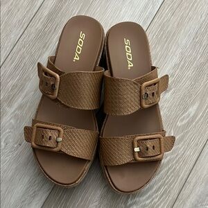 Soda Tan Double-Strap Sandals with Buckle Details